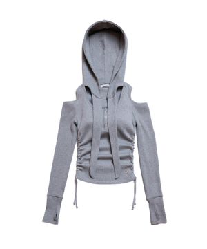 오프숄더 후드 롱슬리브 그레이