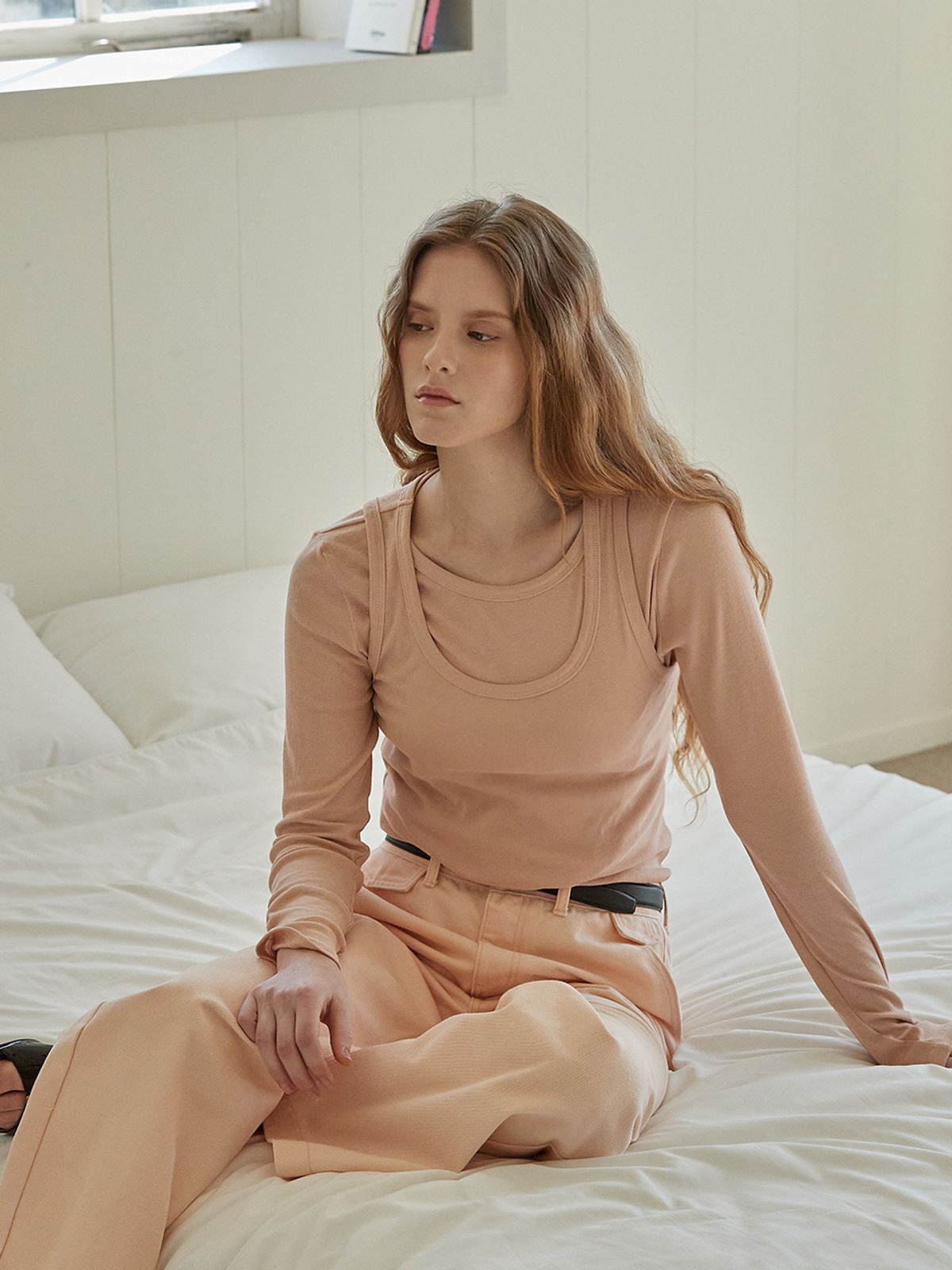 비뮤즈맨션(BEMUSE MANSION) U-neck ribbed layered t shirt set - Salmon Peach