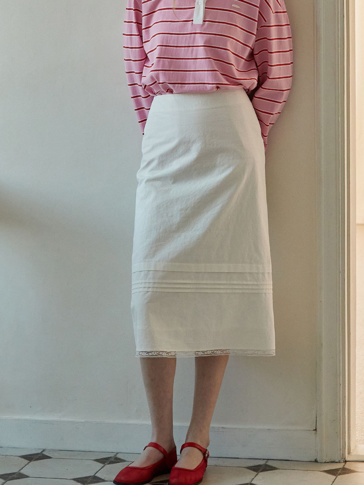 비뮤즈맨션(BEMUSE MANSION) Pintuck lace H-line skirt - Off white