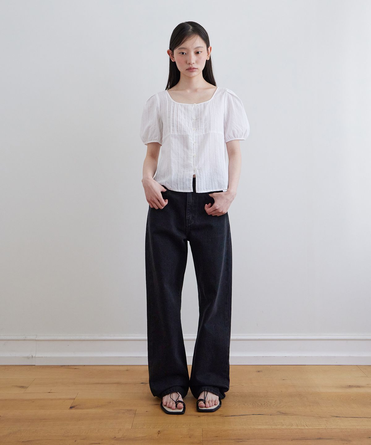 스텝어라운드(STEP AROUND) Kintra straight washing denim_BLACK
