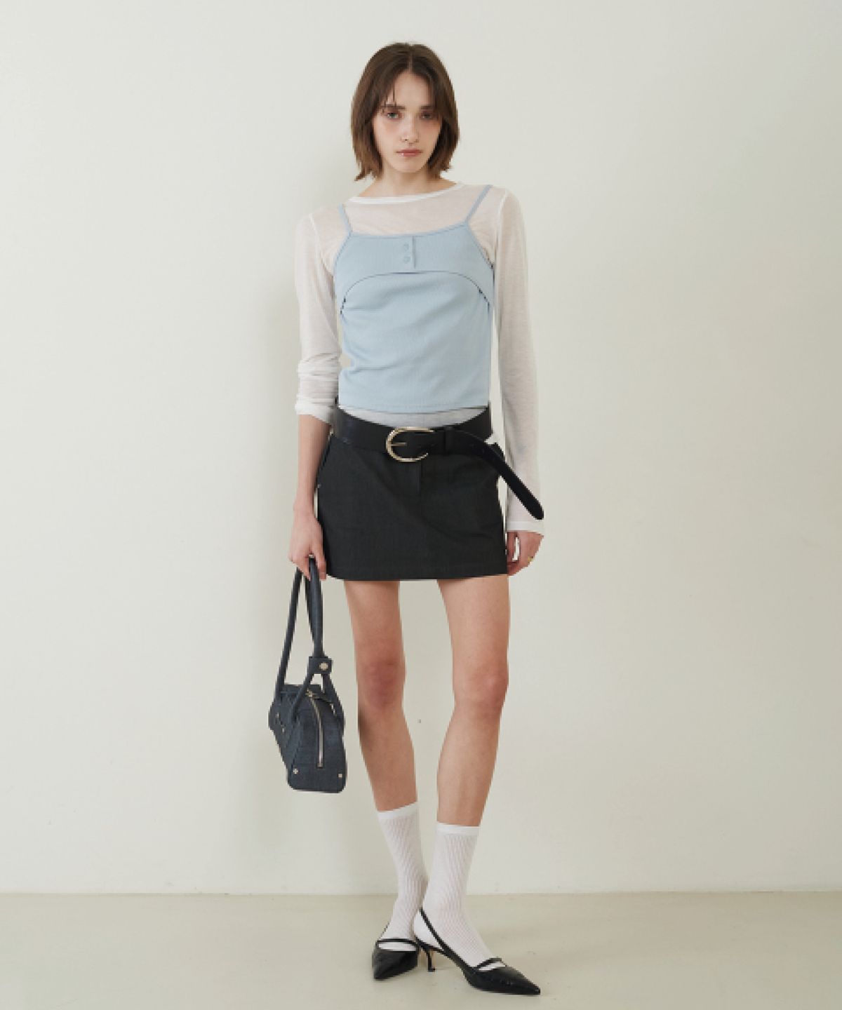 프롬웨얼(FROMWHERE) Point Belt  Mini Skirt Black
