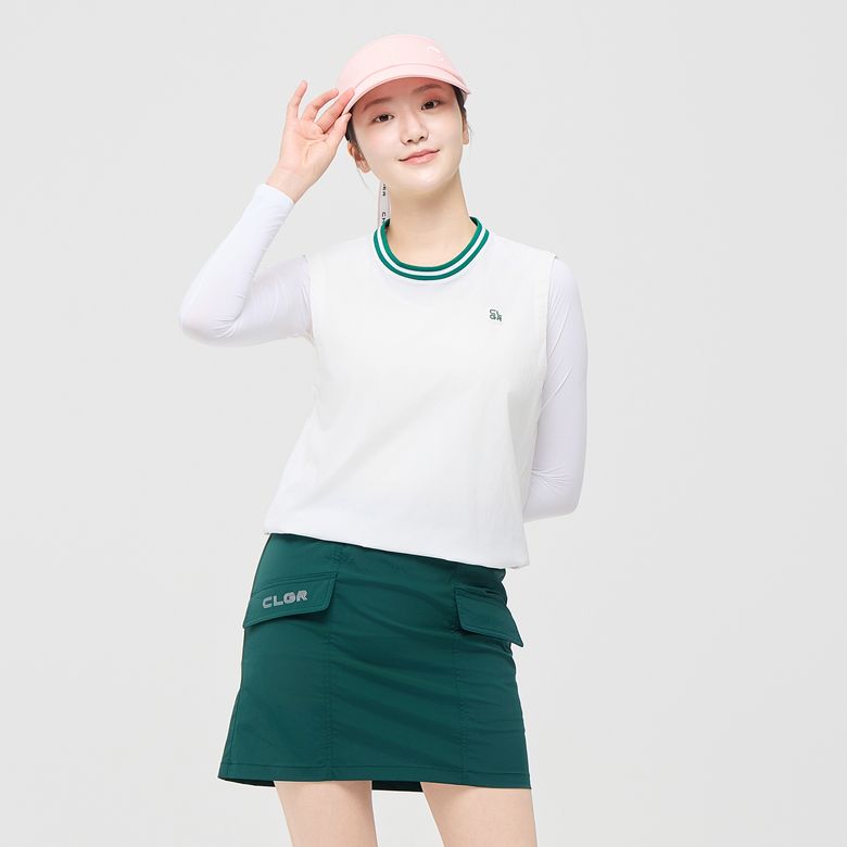 여성 에센셜 스트라이프 밑단 스트링 라운드 베스트 화이트