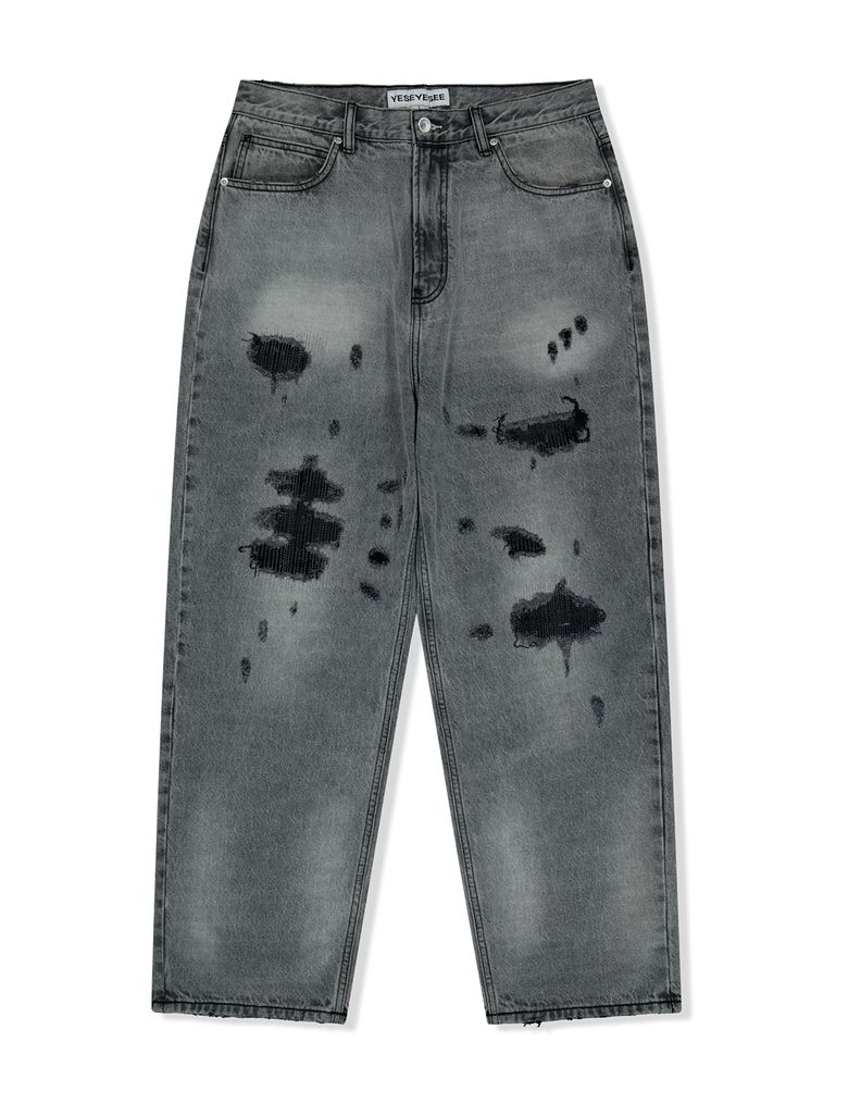 Distressed 5 Pockets Denim Pants Bleached Black