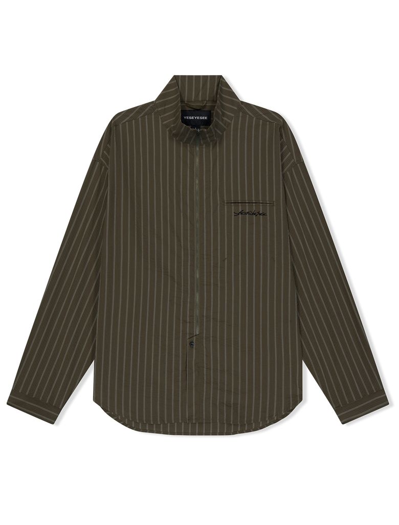 Hi Neck Two Way Zip Up Shirt Brown