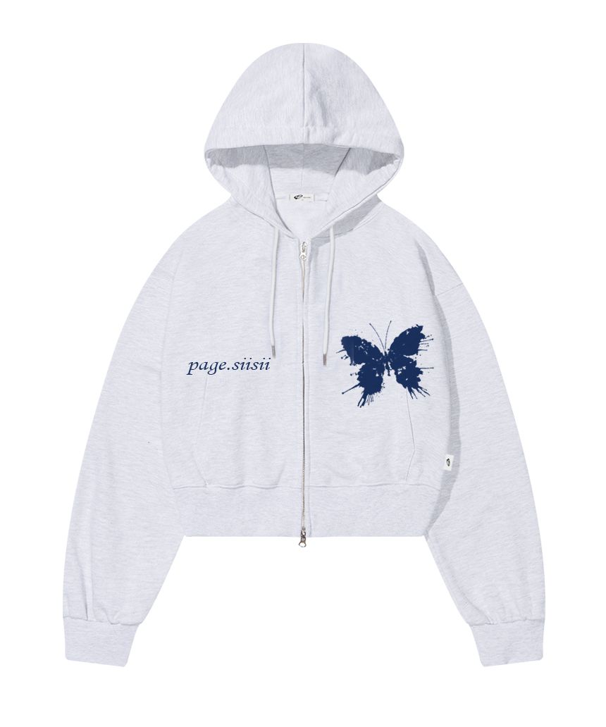 MUSINSA | PAGESIISII Shadow Butterfly Print Crop Hoodie White Melange