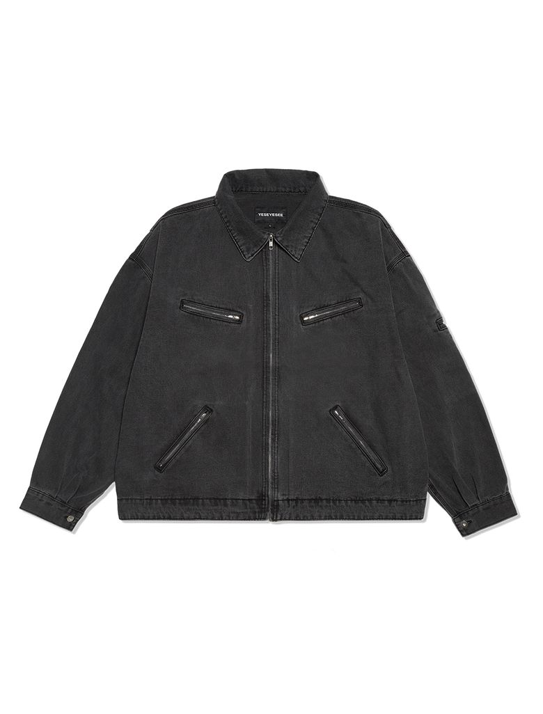 Loose Fit Zip Up Denim Jacket Black