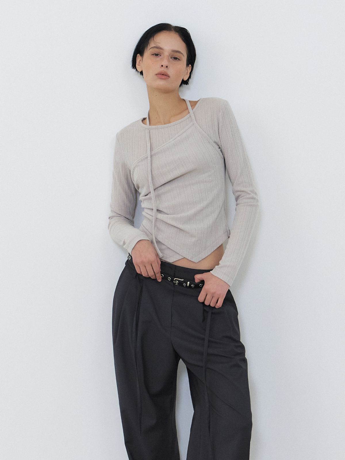 에트몽(ETMON) Layered Halter Strap T-Shirt, Ash Beige