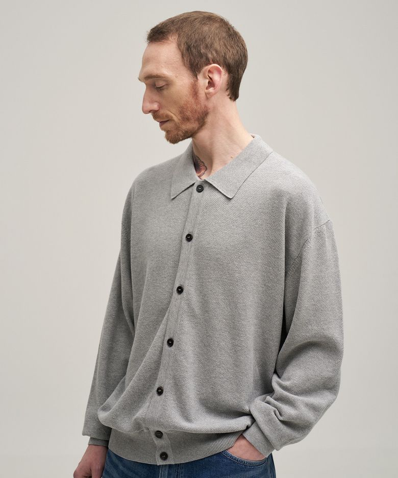 Moss Stitch Polo Cardigan (Heather Gray)