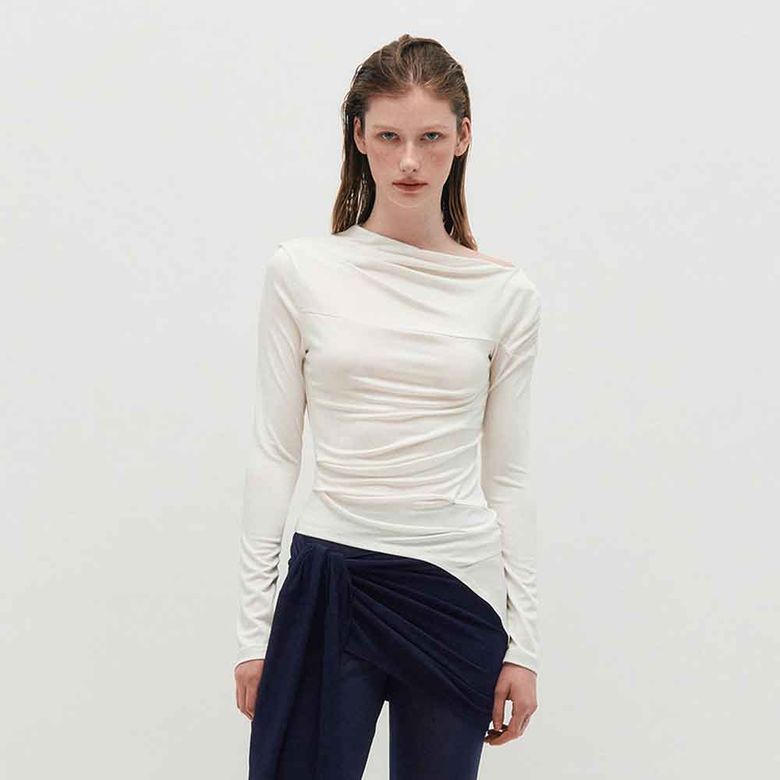 One Shoulder Draped Jersey Top _ WHITE