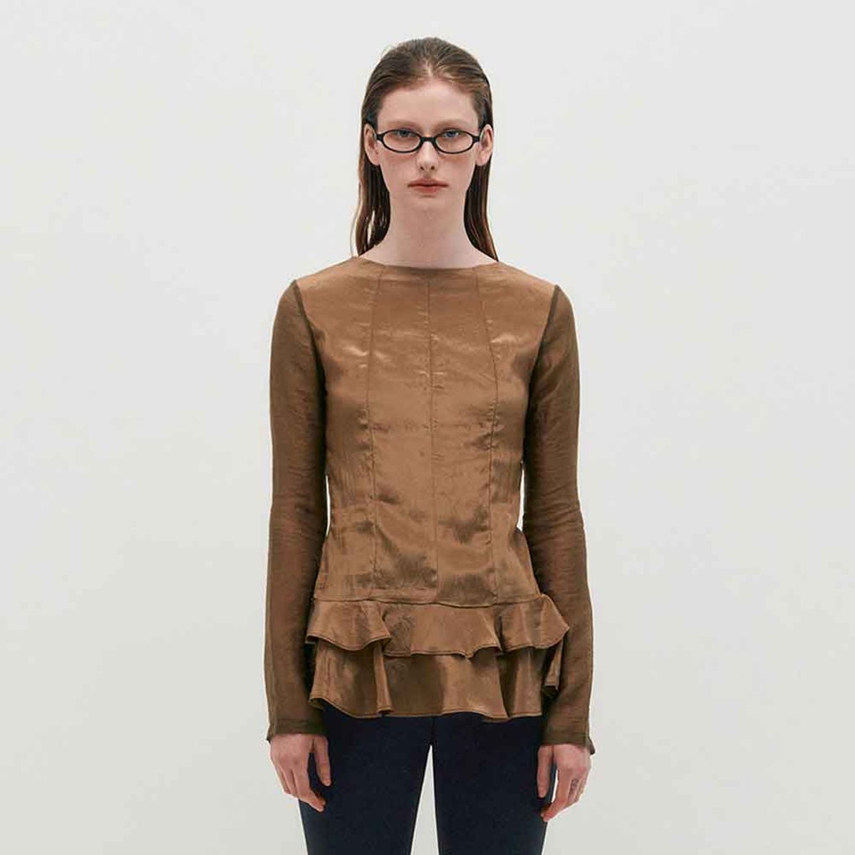킴지수(KIMZISU) Glossy Frill Top _ BROWN
