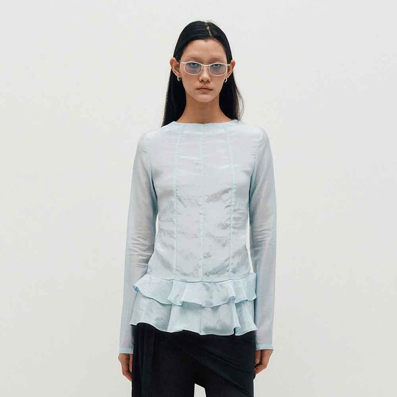 Glossy Frill Top _ SKY BLUE