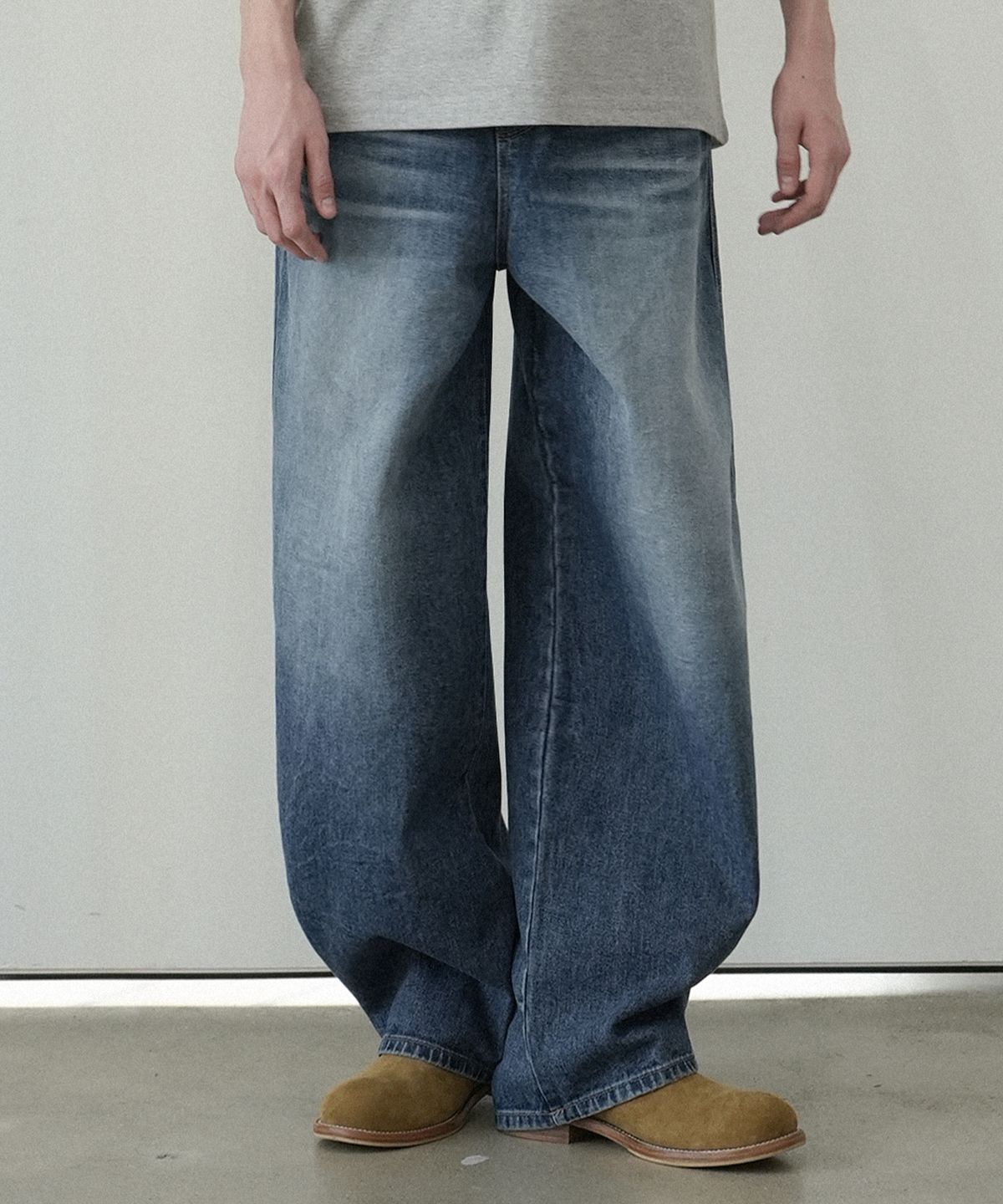 와르(WAAR) M250 커브드 와이드 데님 팬츠_진청 [숏기장 추가]