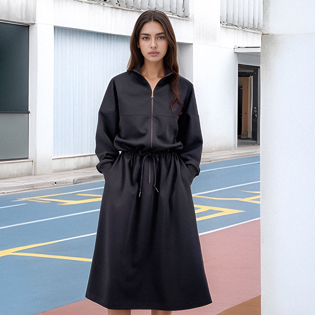 아쿠드(ACUD) Half Zip-up String Dress _Black
