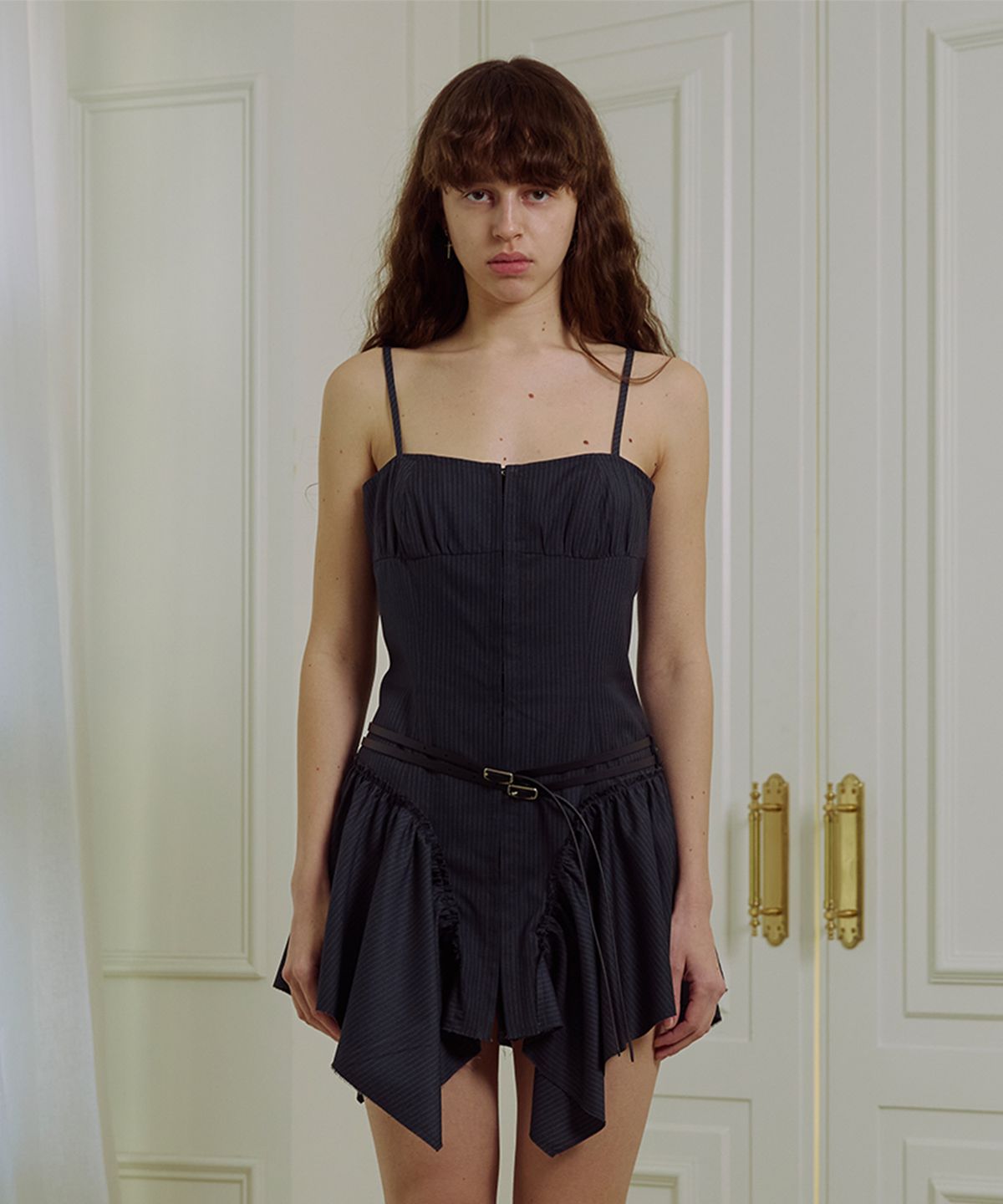 더포르타(THEPORTA) FRILL HOOK MINI DRESS, STRIPE