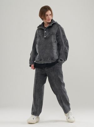 [SET]워시드 스판 데님 오버핏 후디 아노락 셋업_그레이