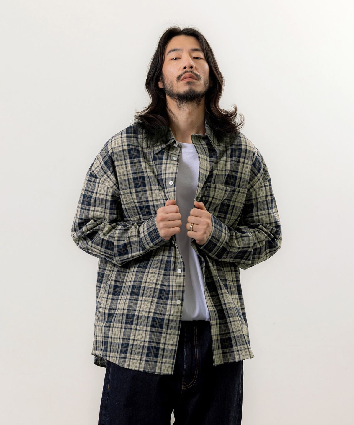 러기드하우스(RUGGED HOUSE) 레트로 쉐이드 오버핏 체크 셔츠 네이비