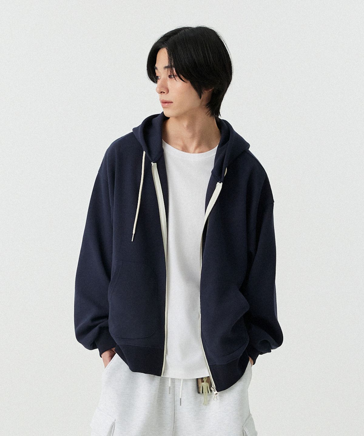 스탠즈(STENDS) [M~4XL] 와플 투웨이 후드 집업_네이비