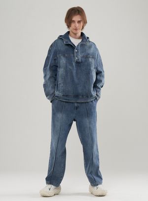 [SET]워시드 스판 데님 오버핏 후디 아노락 셋업_라이트블루