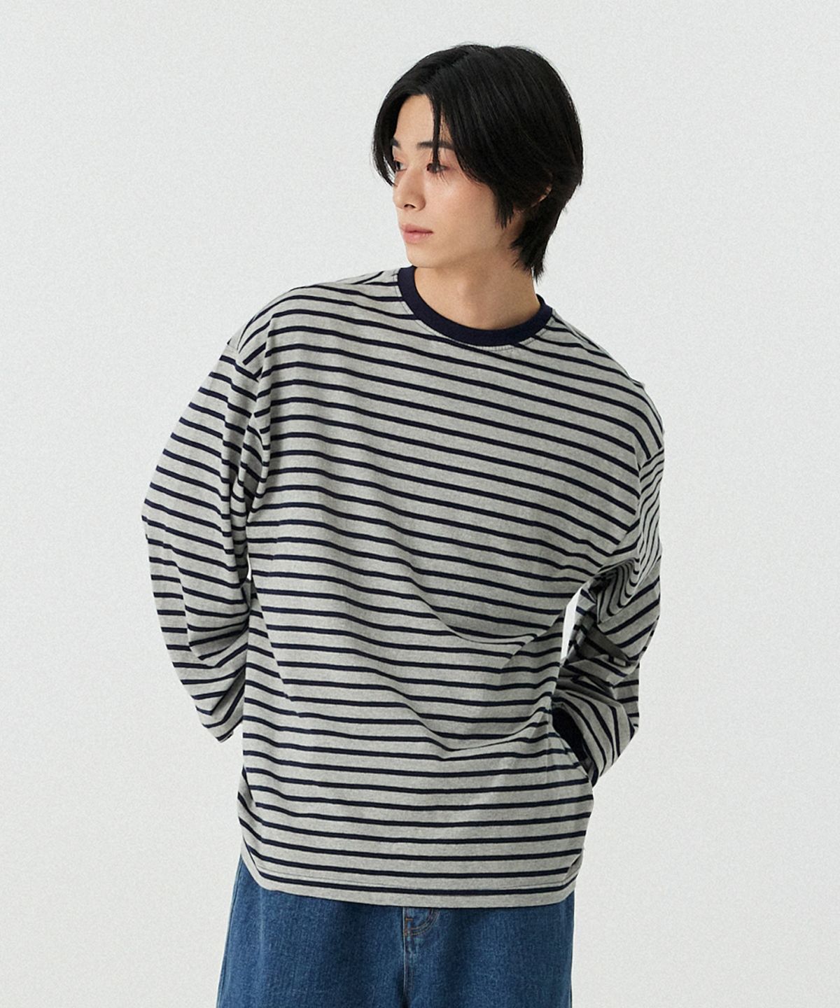 스탠즈(STENDS) [M~4XL] 스트라이프 롱 슬리브 티셔츠_그레이