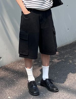 [M~4XL] 카고 포켓 버뮤다 데님 팬츠_블랙
