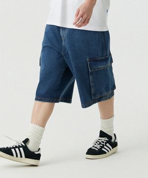 [M~4XL] 카고 포켓 버뮤다 데님 팬츠_블루