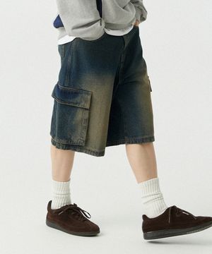 [M~4XL] 카고 포켓 버뮤다 데님 팬츠_빈티지 블루