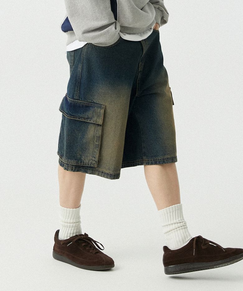 [M~4XL] 카고 포켓 버뮤다 데님 팬츠_빈티지 블루