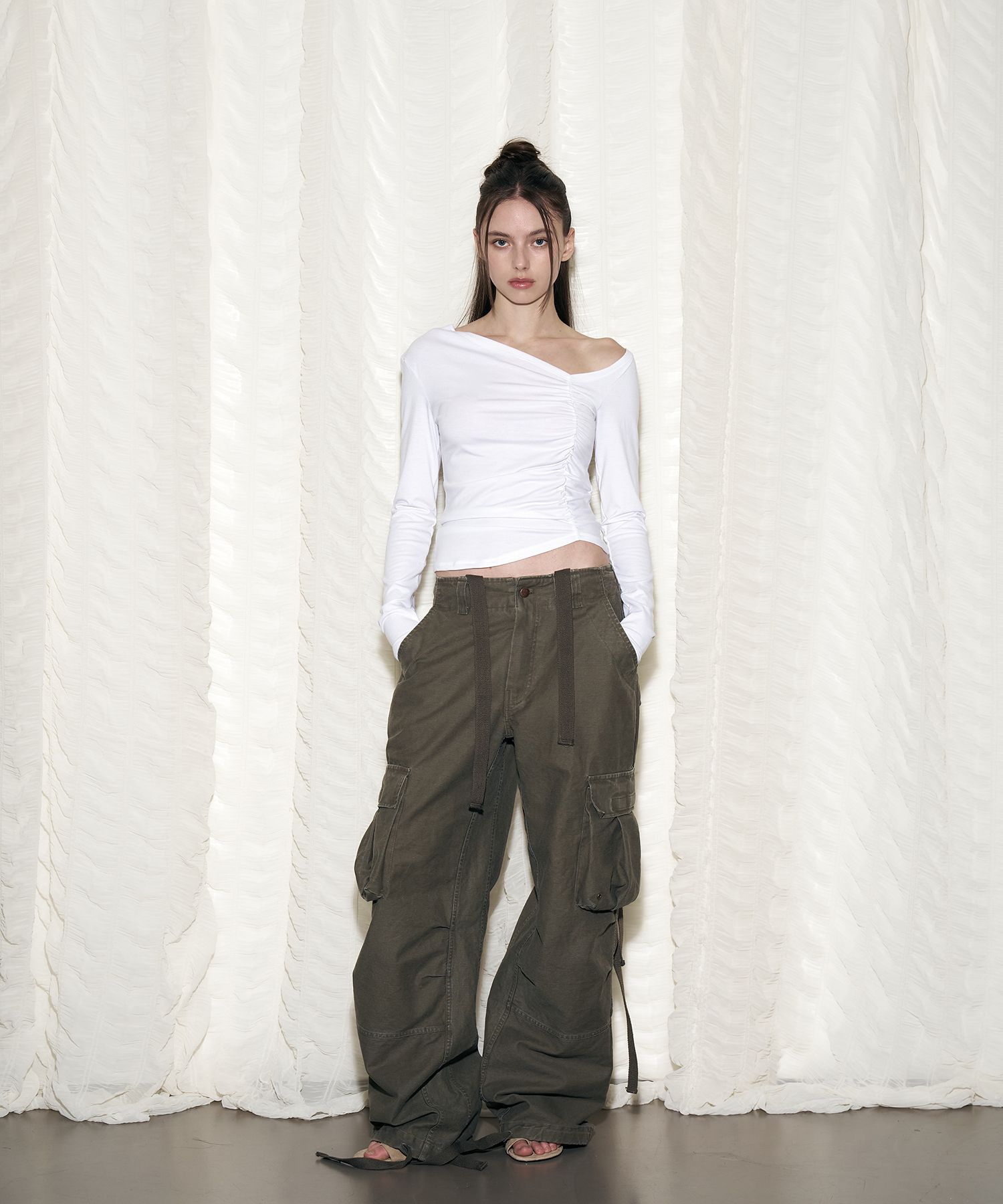 ◇Pleasenofollow◇ Tex Wide Work Pants Washed Khaki 플리즈노팔로우(PLEASENOFOLLOW) Tex Wide Work Pants (Washed