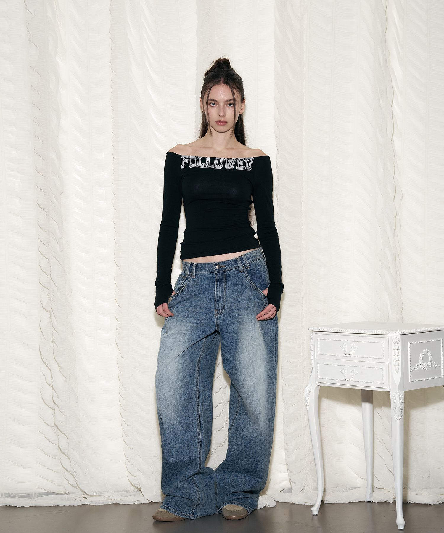 ☆Pleasenofollow☆ 25Damaged Washing Wide Denim Washed Blue MUSINSA | PLEASENOFOLLOW 25Damaged Washing Wide Denim