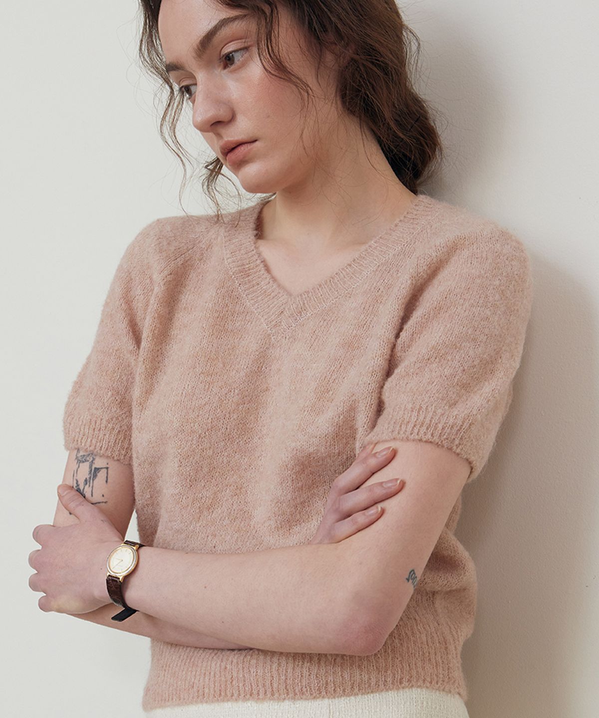 스텝어라운드(STEP AROUND) Alpaca V-neck half knit_PINK
