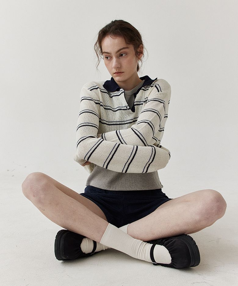 Stripe collar linen knit_NAVY