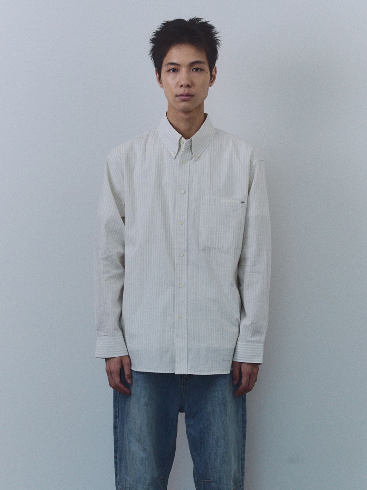 기준 맨(KIJUN MEN) Natural Stripe Button Down Shirt Ivory