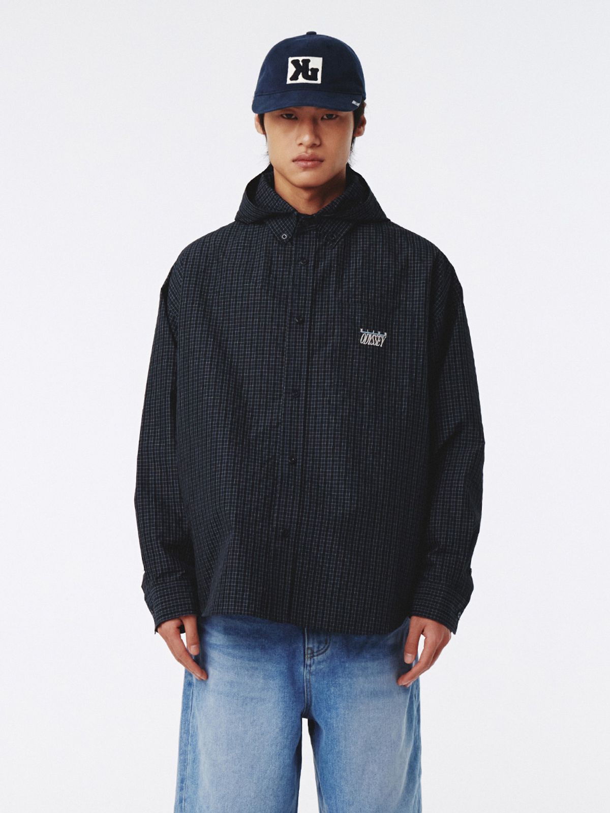 기준 맨(KIJUN MEN) Check Hoodie Shirt Navy