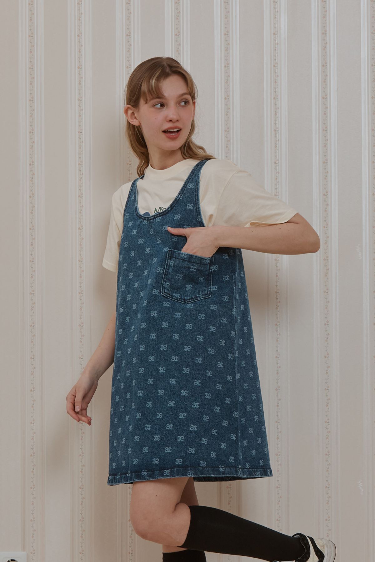 아노에틱(ANOETIC) ANC LOGO SLEEVELESS DENIM DRESS_BLUE