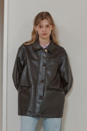 BUTTON CLASSIC LEATHER JACKET_BROWN