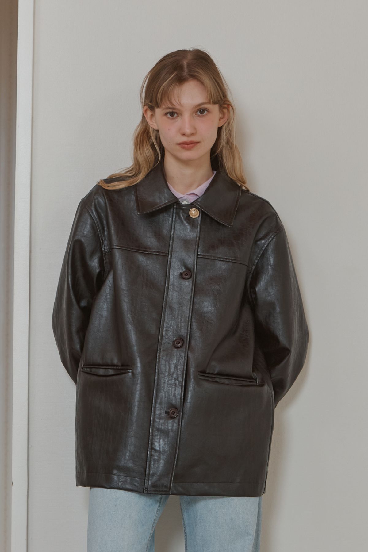 아노에틱(ANOETIC) BUTTON CLASSIC LEATHER JACKET_BROWN