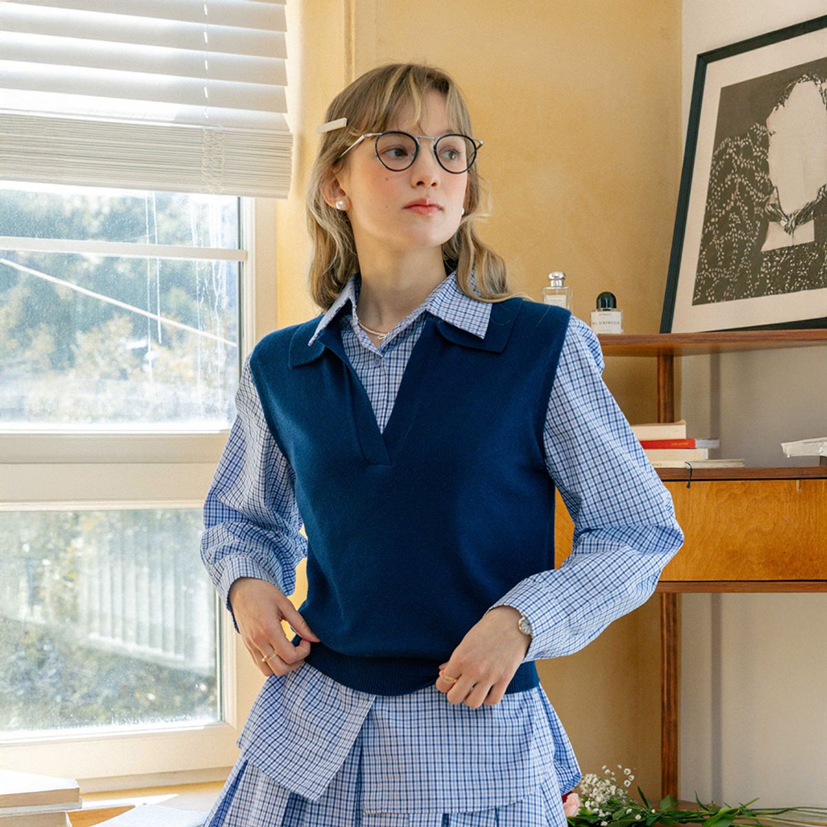 던드롭(DUNDROP) DD_Solid collar knit vest_DARK BLUE
