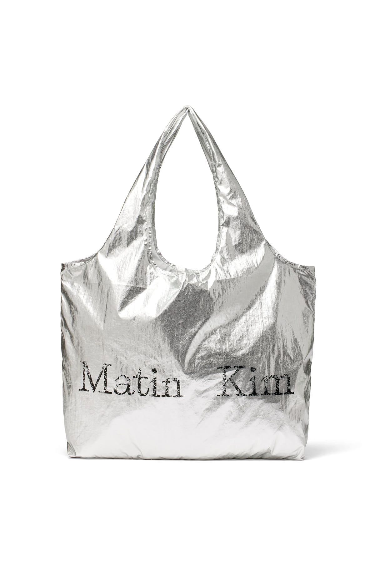 MUSINSA | MATIN KIM MATIN CRACKED LOGO GLOSSY ECOBAG IN SILVER