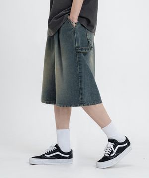 버뮤다 와이드 원턱 카펜터 데님 밴딩 쇼츠 [샌드블루]