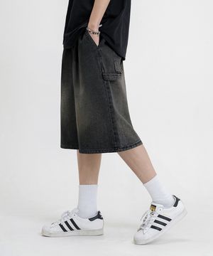 버뮤다 와이드 원턱 카펜터 워시드 데님 밴딩 쇼츠 [흑청]