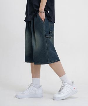 버뮤다 와이드 원턱 카펜터 워시드 데님 밴딩 쇼츠 [옐로우 워싱]