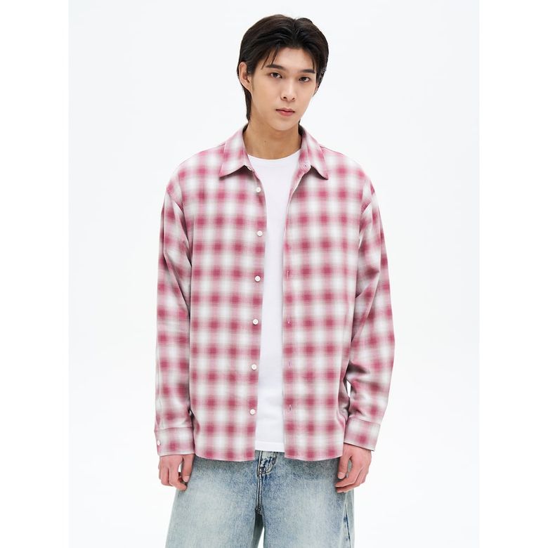 옴브레 오버핏 체크 셔츠  핑크