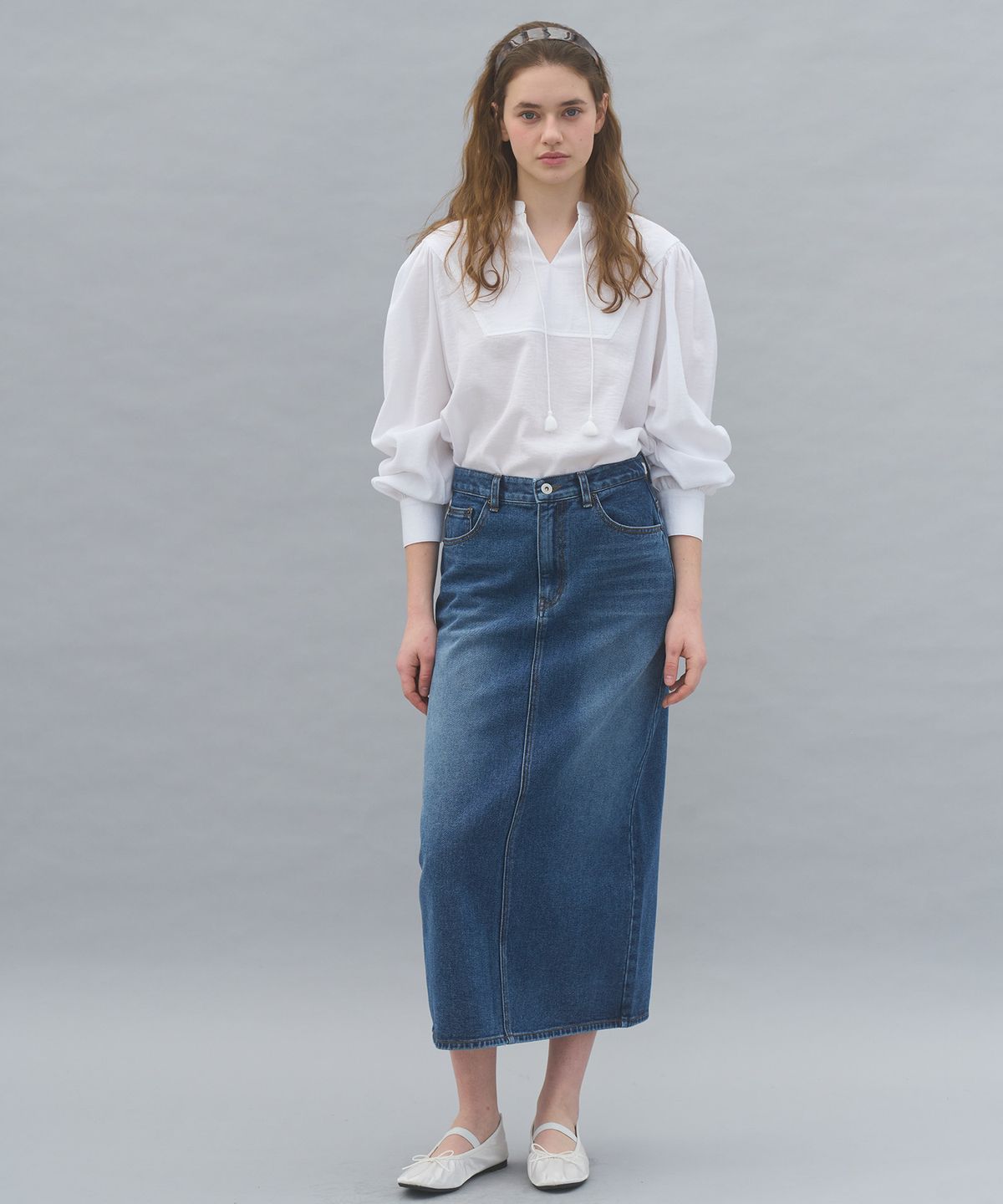 쏘이르(SO IR) DENIM LONG SKIRT - MIDDLE BLUE