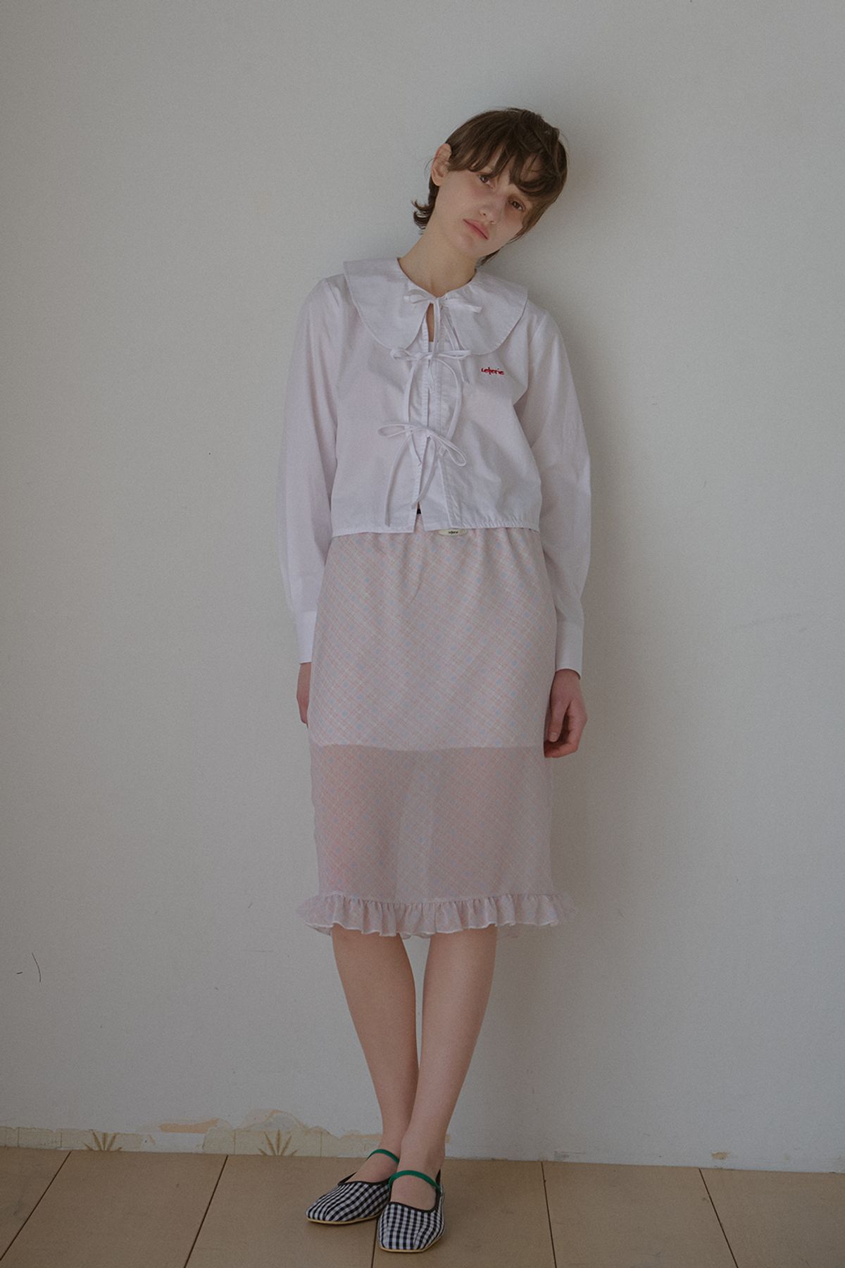 레터리(LETERIE) FRILL CHECK MIDI SKIRT_PINK
