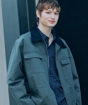 멀티 포켓 버튼 클로징 카라 배색 워크 트러커 코튼 자켓[차콜]