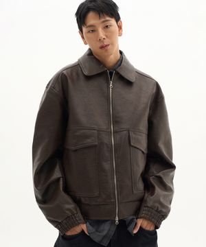 빅 포켓 빈티지 워싱 레더 집업 밴딩 자켓_2COLOR