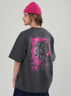 스컬 백 야광 프린트 오버핏 티셔츠_2칼라