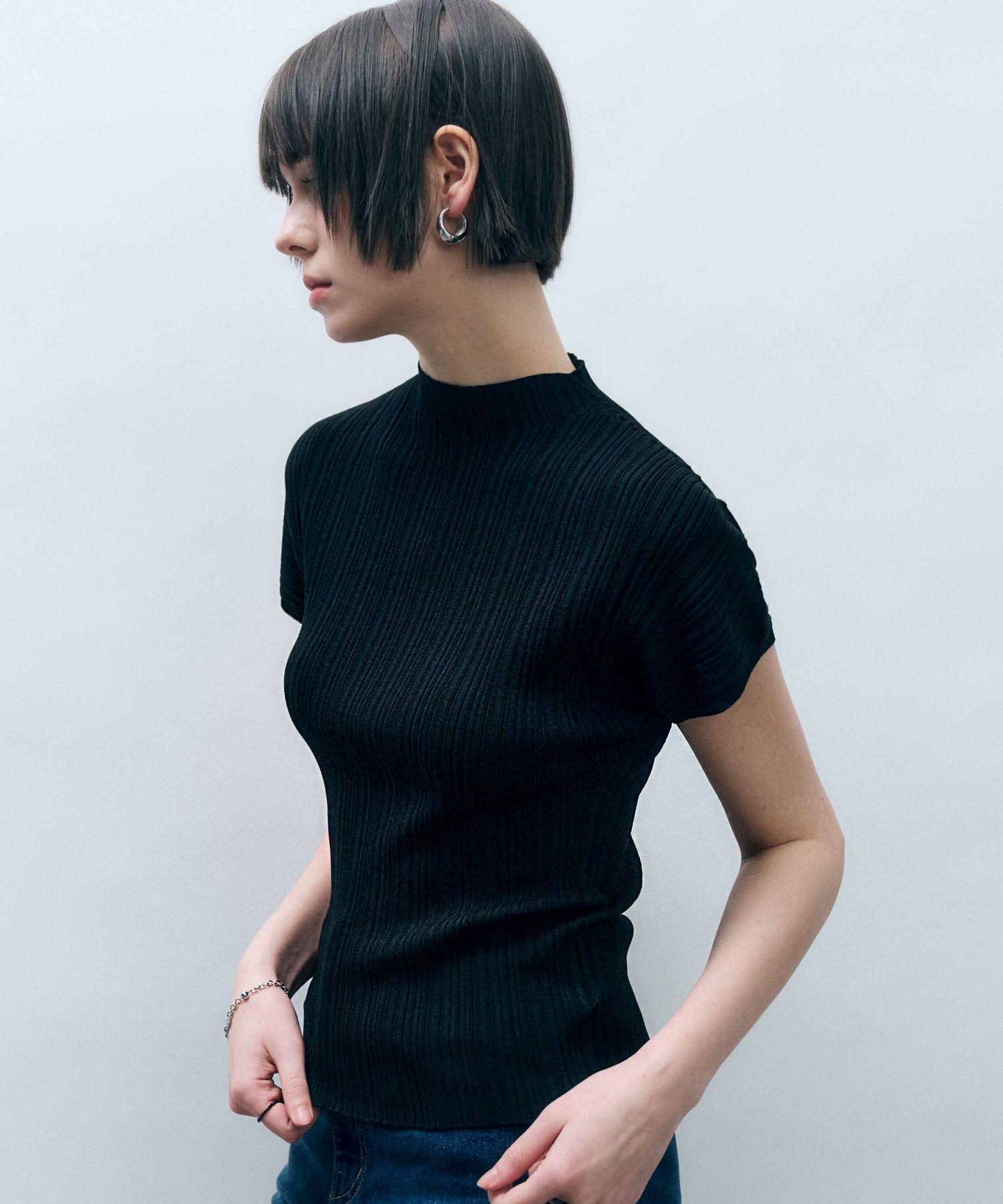 Holgarment Half Neck Pleated Knit Top Black MDKT107BLACK