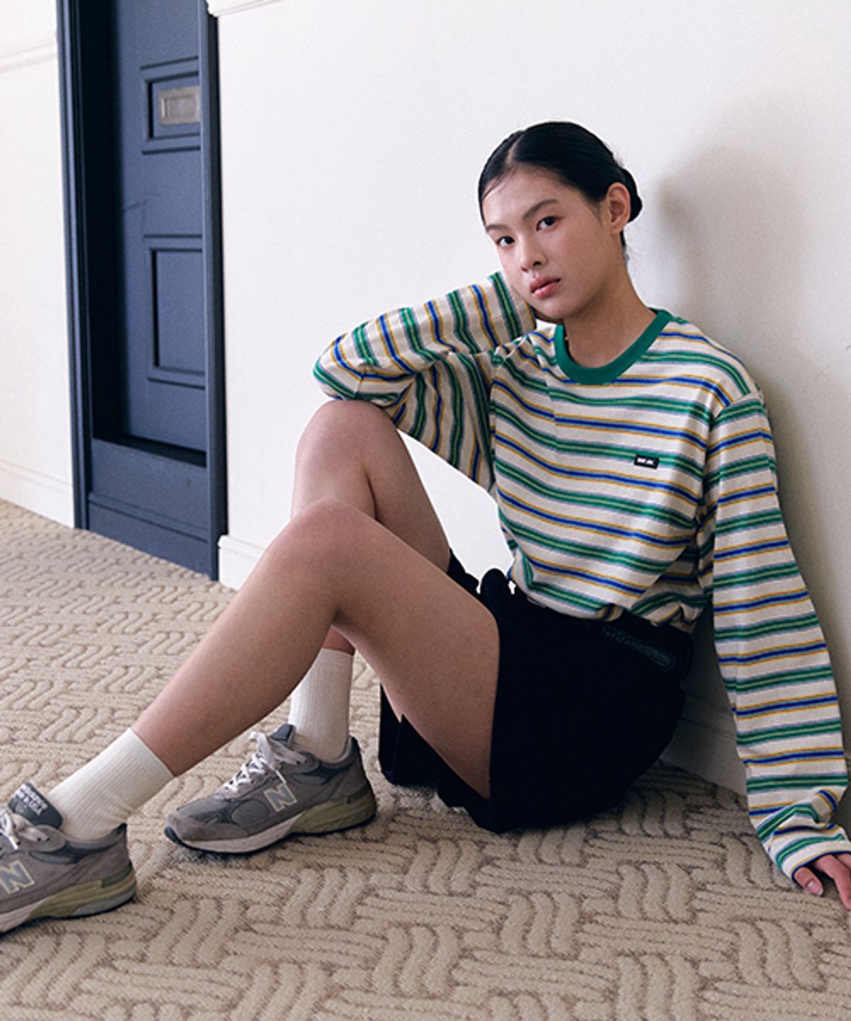 샵아라(SHOP,ARA) Pound cake stripe logo point T-shirt_Green stripe