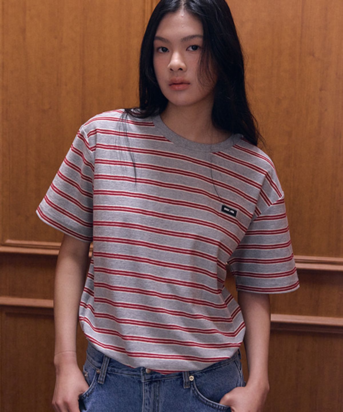 샵아라(SHOP,ARA) Bubble stripe logo point T-shirt_Burgund stripe